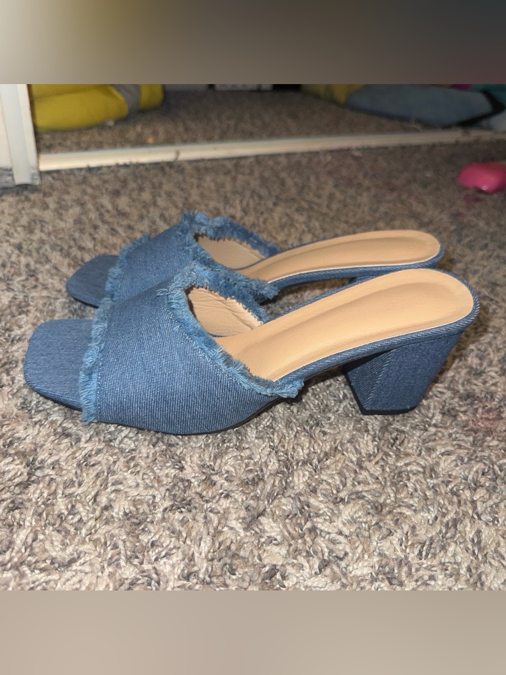SHEIN Denim Frayed Block Heel Slides in Blue